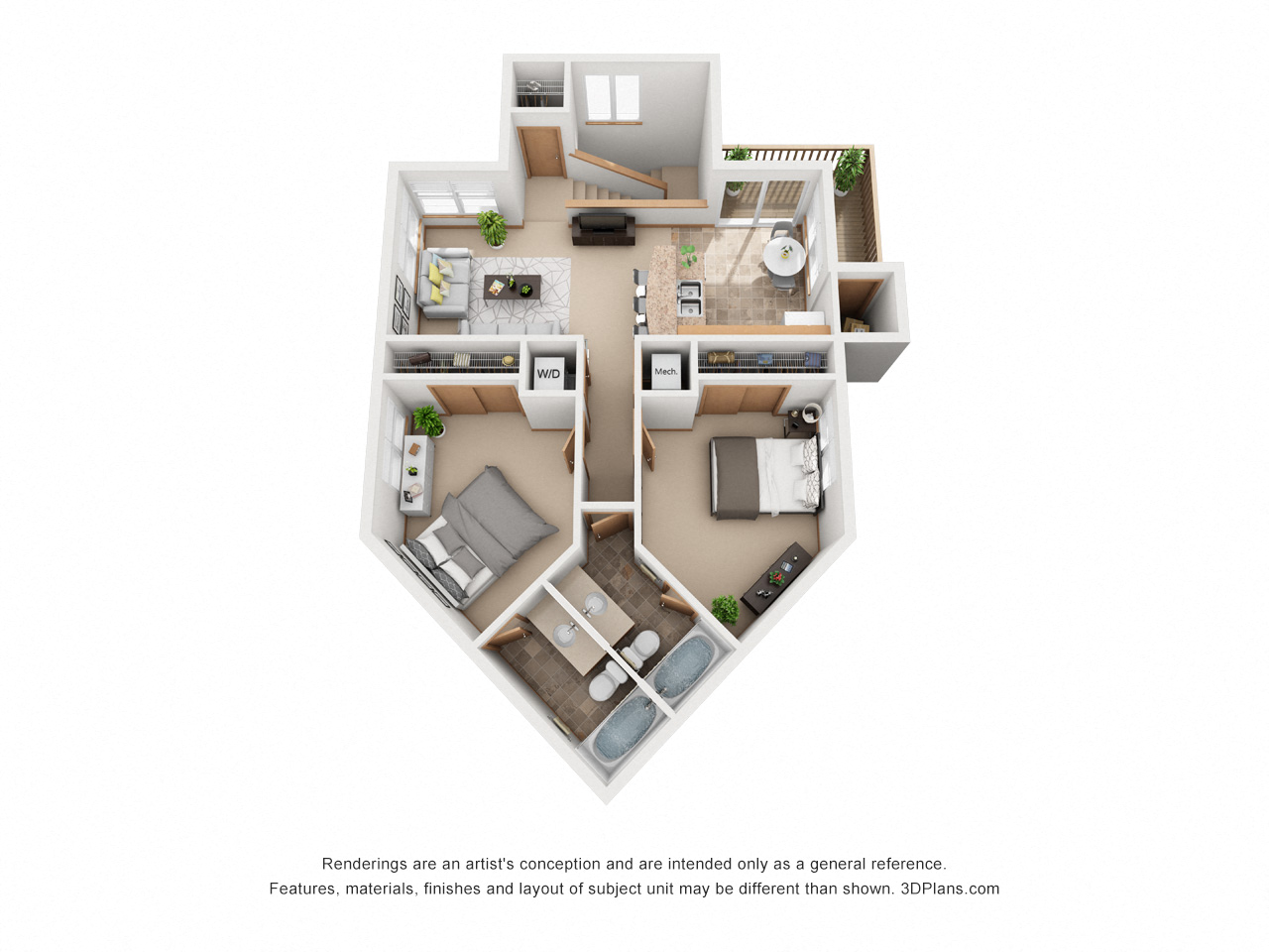 Floor plan for 2 beds, 2 baths, 1000 sqft